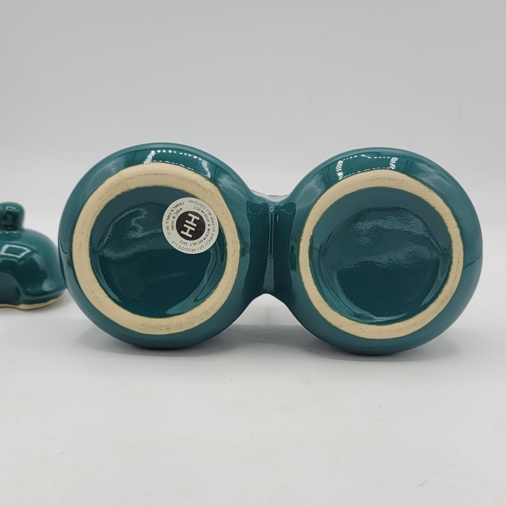 Teal Ceramic Vintage Taiwan Double Condiment Jar with Lids & Wooden Handle Spoon - Picture 5 of 8